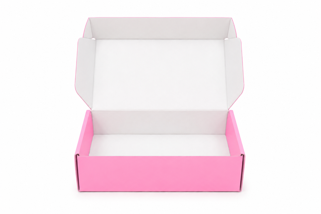 Pack caja microcorrugada rosada 20x14x4cm autoarmable
