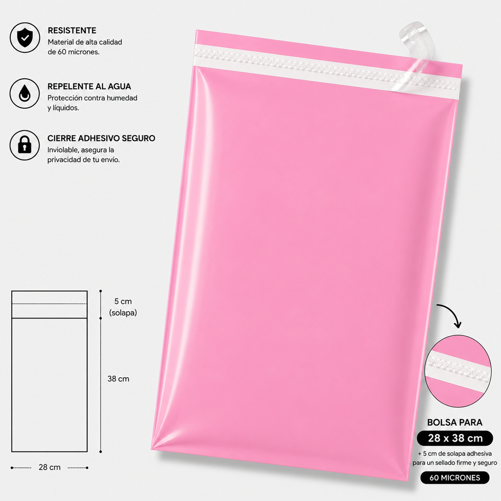 Bolsa de envio courrier rosado 28x38 + (5cm solapa)
