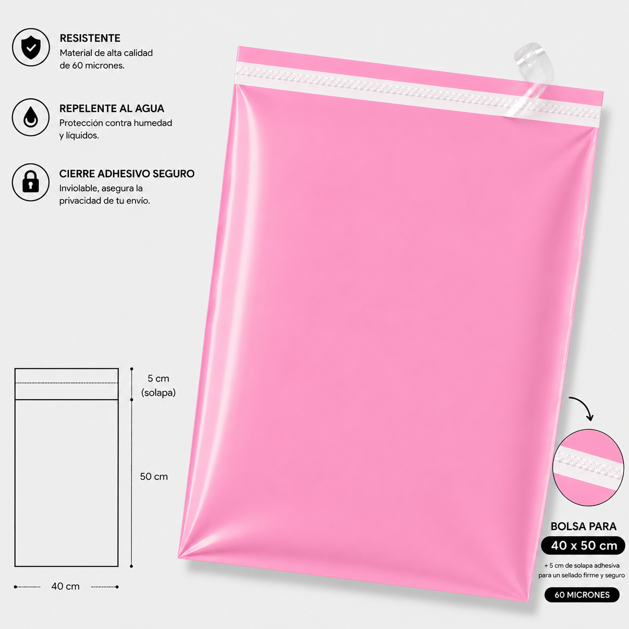 Bolsa de envio courrier rosado 40x50 + (5cm solapa)
