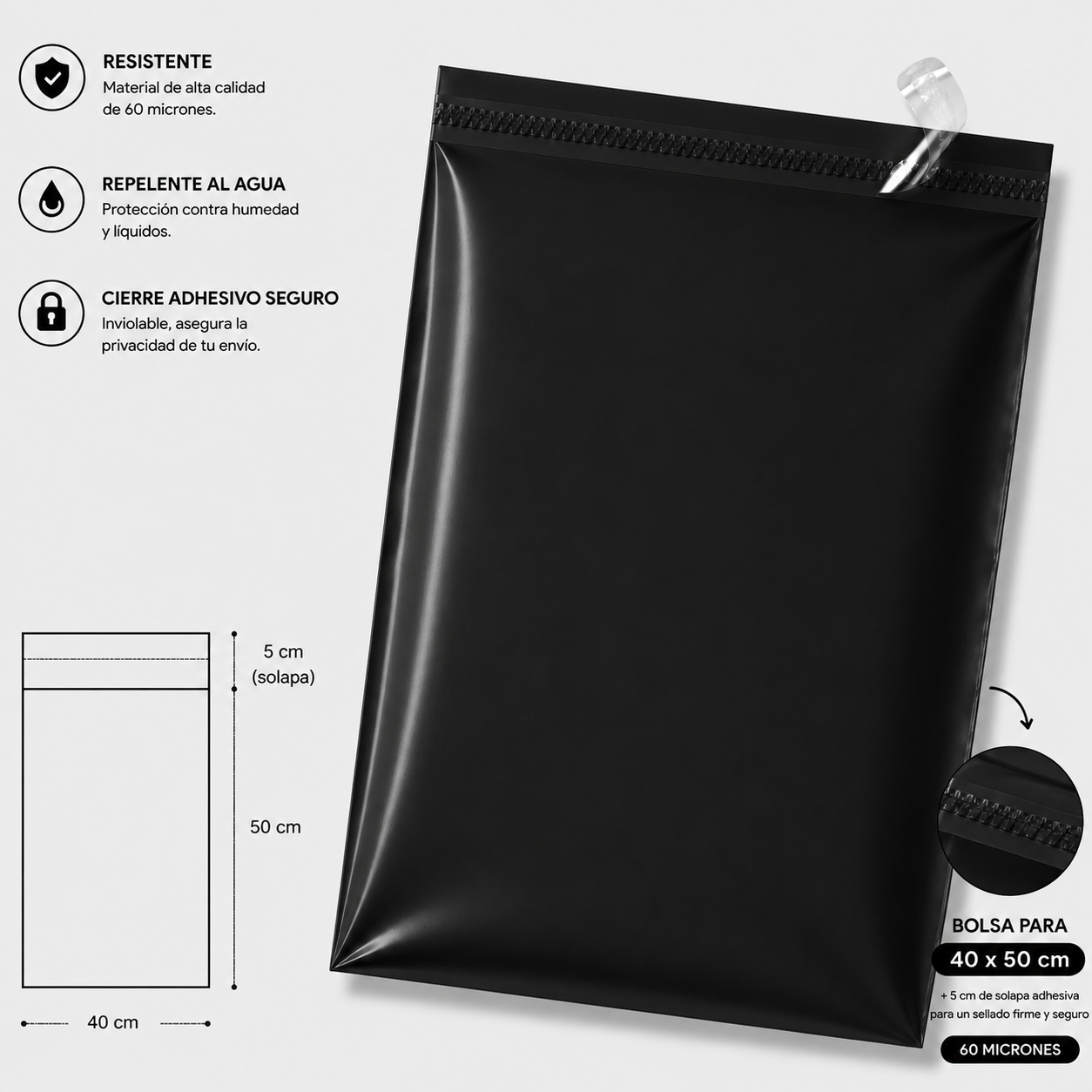 Bolsa de envio courrier negro 40x50 + (5cm solapa)