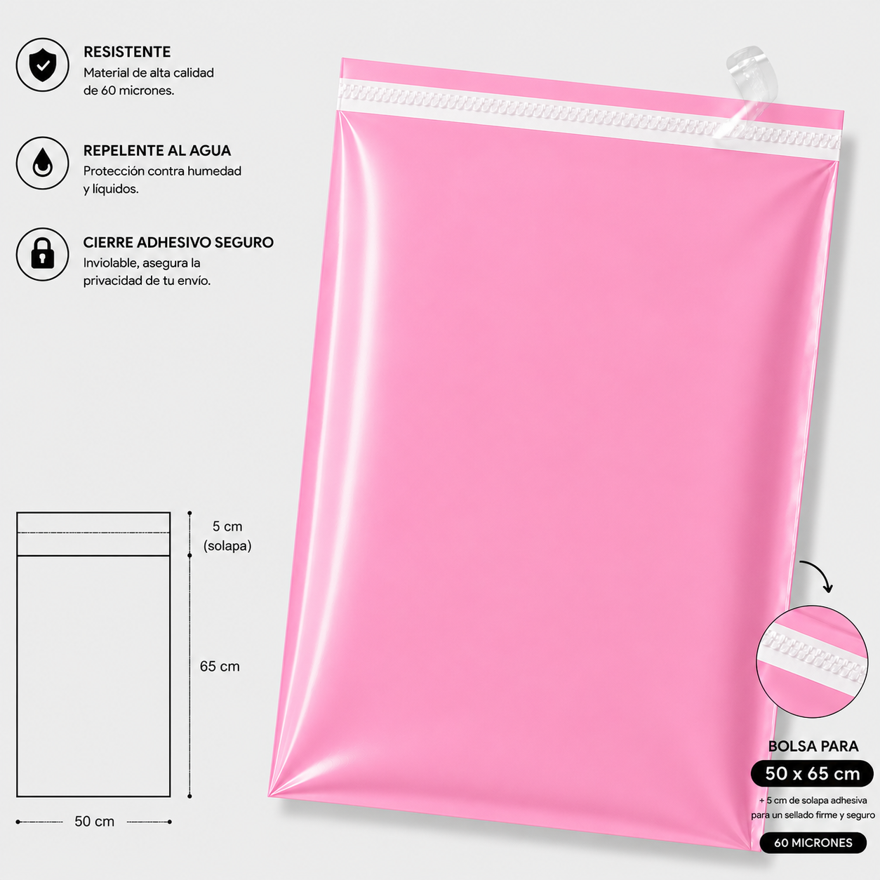 Bolsa de envio courrier rosada 50x65 + (5cm solapa)