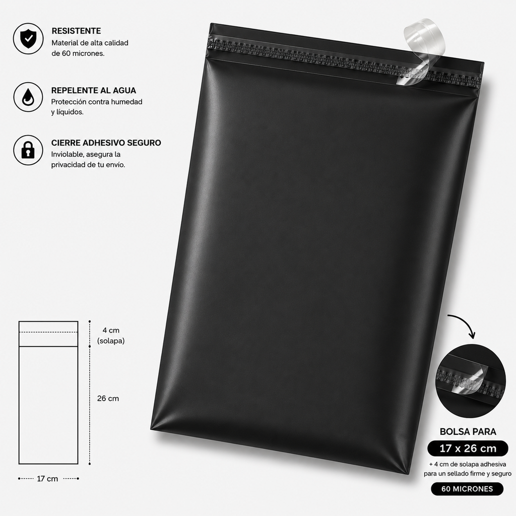 Bolsa de envio courrier negra 17x26 (4cm solapa)