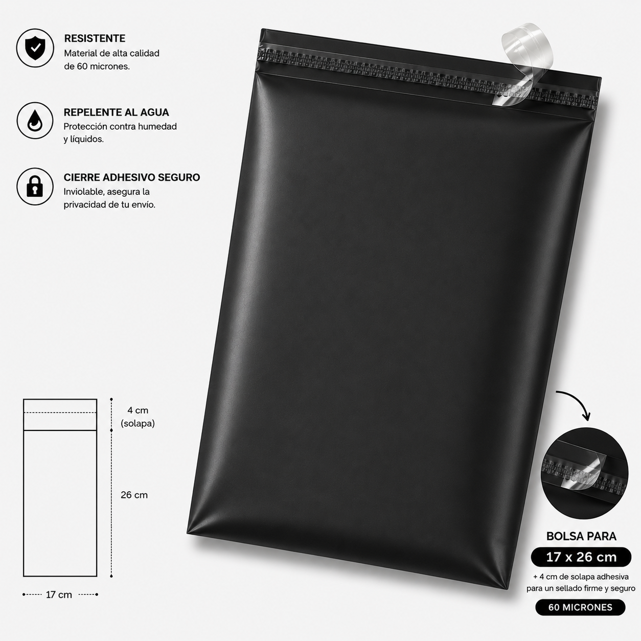 Bolsa de envio courrier negra 17x26 (4cm solapa)