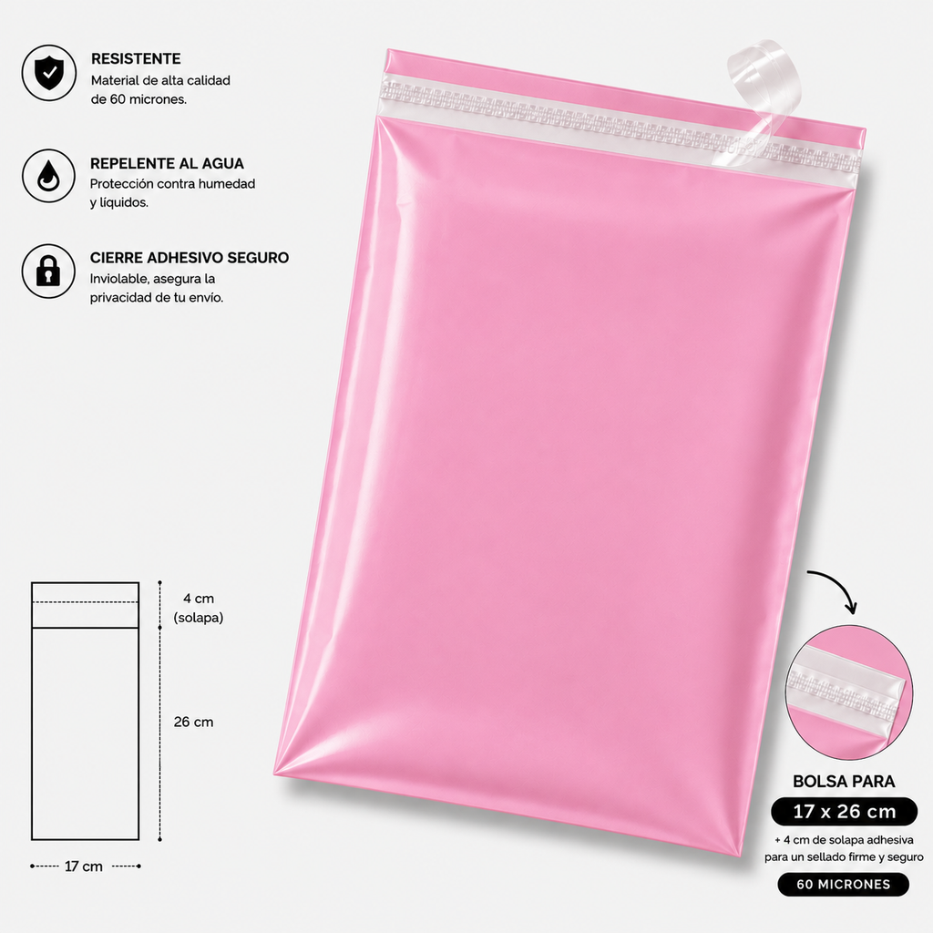 Bolsa de envio courrier rosada 17x26 (4cm solapa)