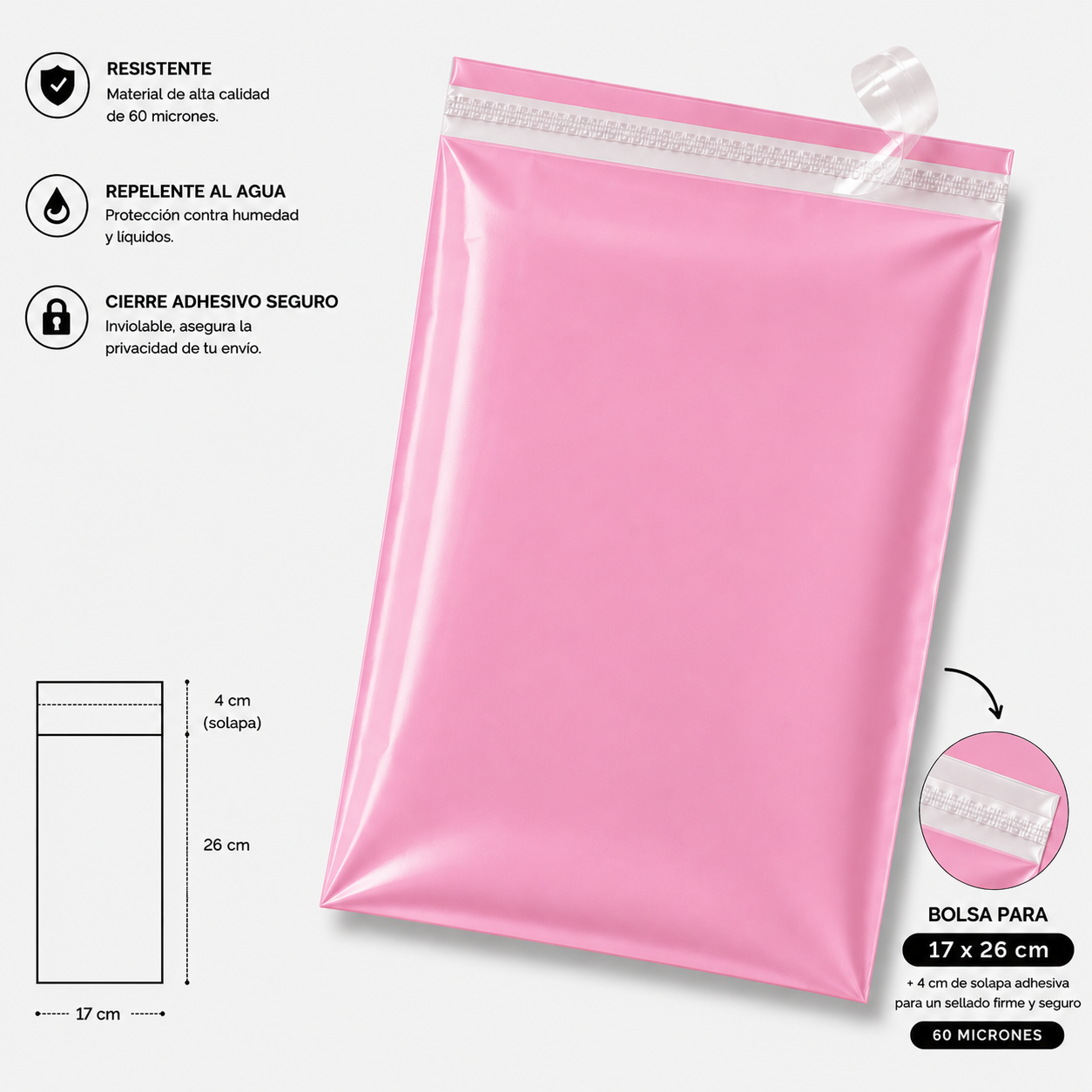 Bolsa de envio courrier rosada 17x26 (4cm solapa)