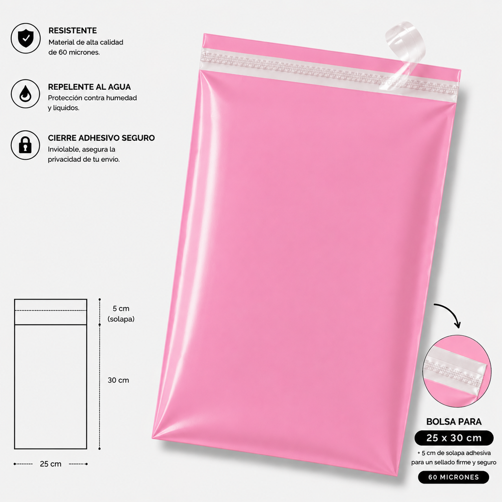 Bolsa de envio courrier rosada 25x30 + (5cm solapa)