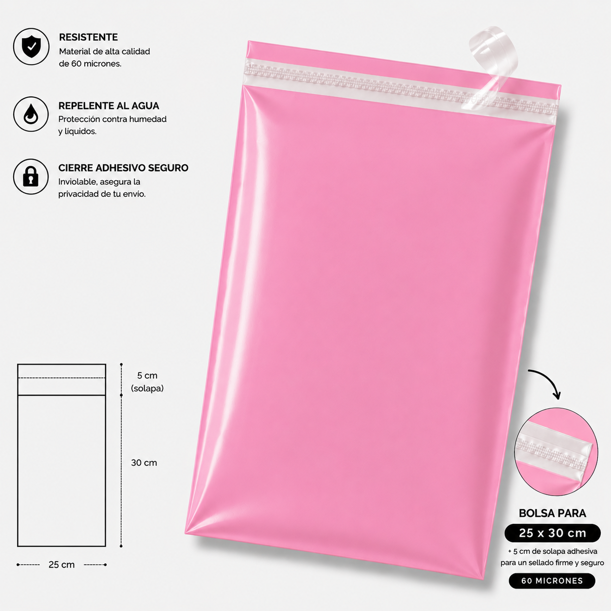 Bolsa de envio courrier rosada 25x30 + (5cm solapa)