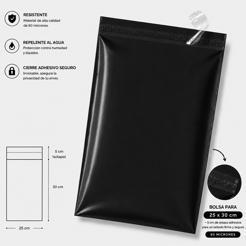 Bolsa de envio courrier negro 25x30 + (5cm solapa)
