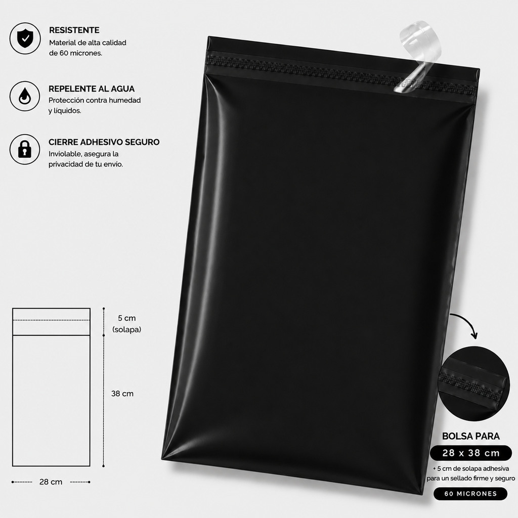 Bolsa de envio courrier negro 28x38 + (5cm solapa)