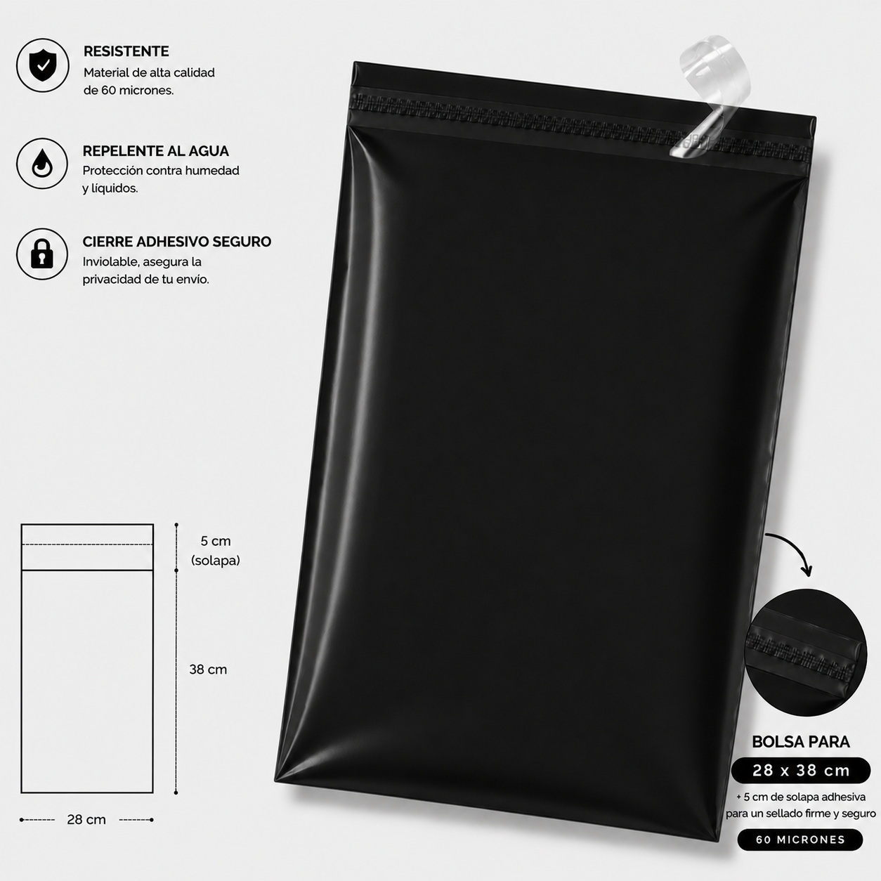 Bolsa de envio courrier negro 28x38 + (5cm solapa)