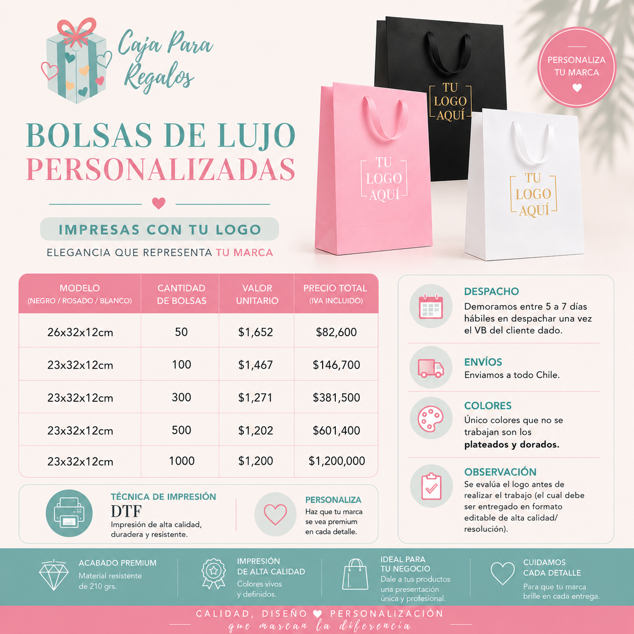 Bolsas de lujo personalizadas 23×32×12 cm (rosada, blanco o negro)