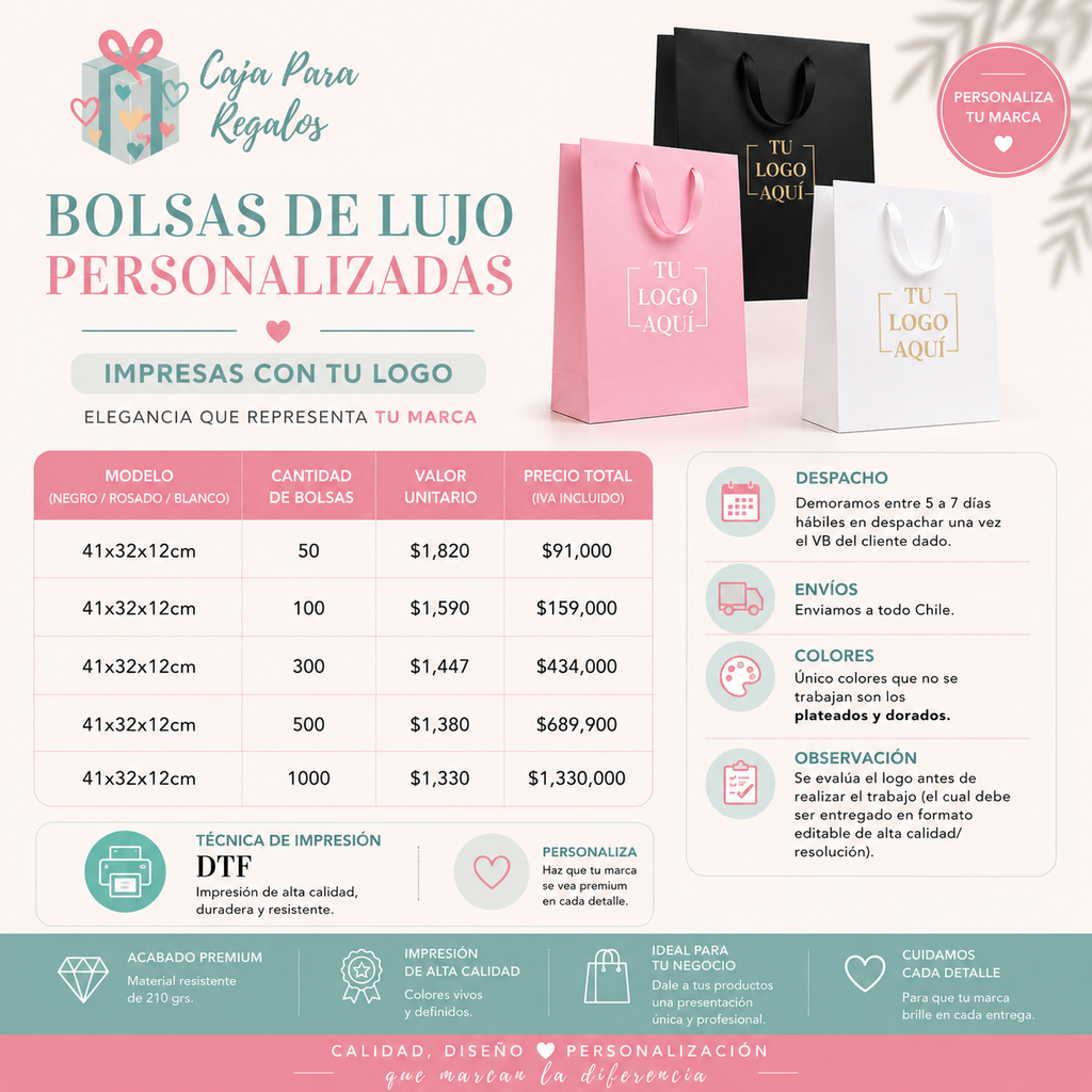 Bolsas de lujo personalizadas 41×32×12 cm (rosada, blanco o negro) (Copia)