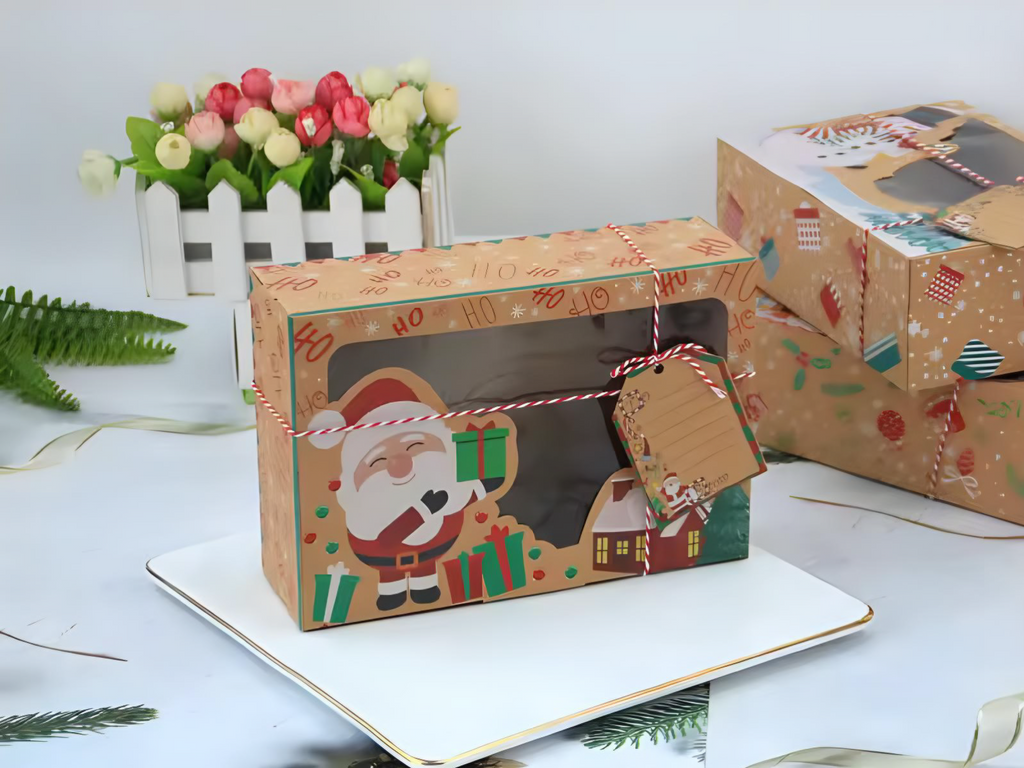 Caja navidad con visor kraft (Carton delgado) 21.8x15x7 cm (5 Unidades)