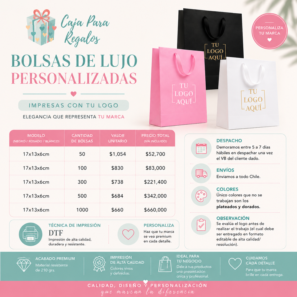 Bolsas de lujo personalizadas 17×13×6 cm (rosada, blanco o negro)