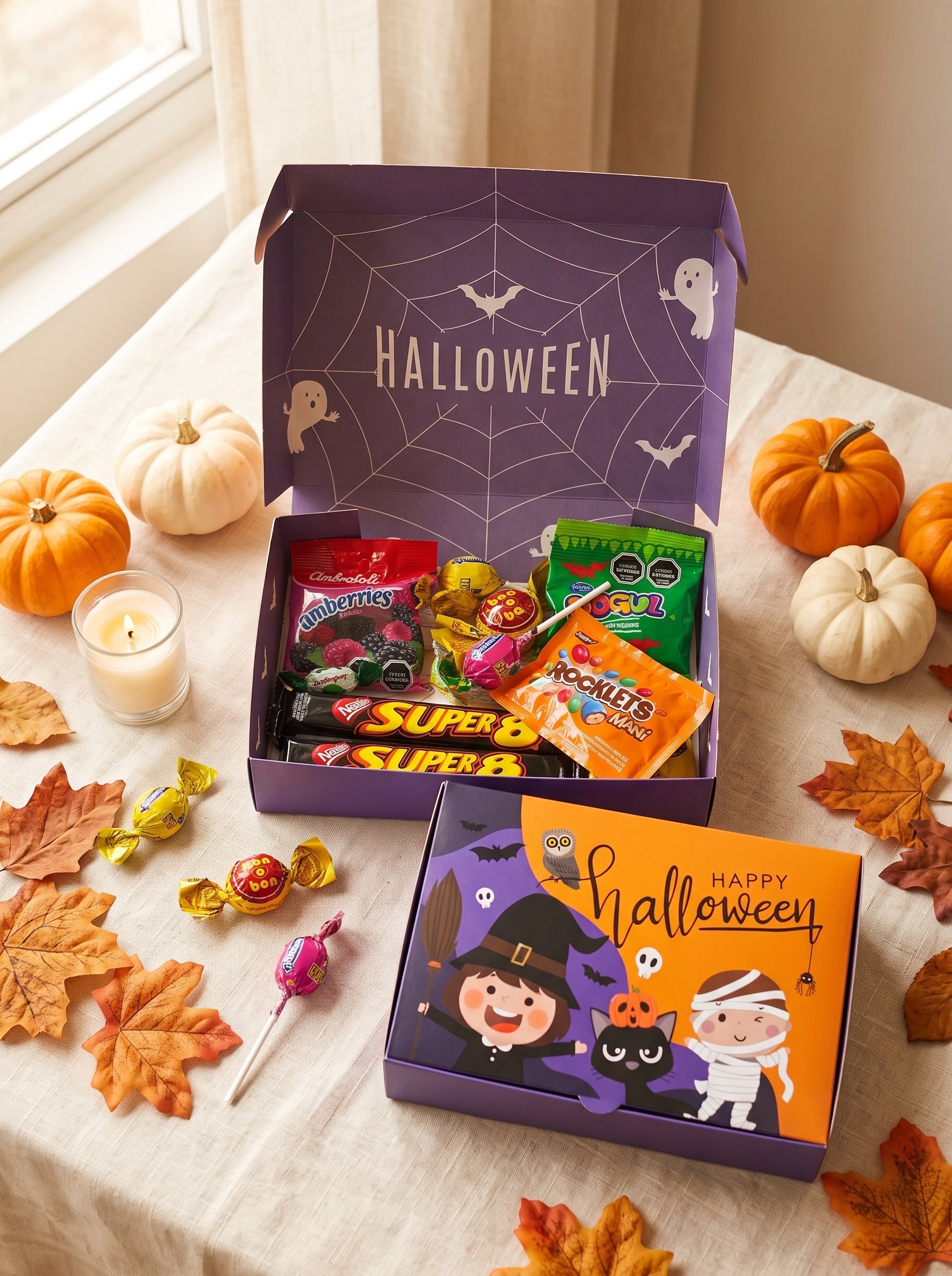 Caja Boni de Halloween abierta y llena de dulces, junto a una cerrada